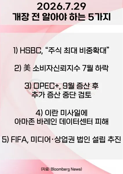 오늘 개장 전 꼭 알아야 할 5가지 26년 7월 29일 Bloomberg